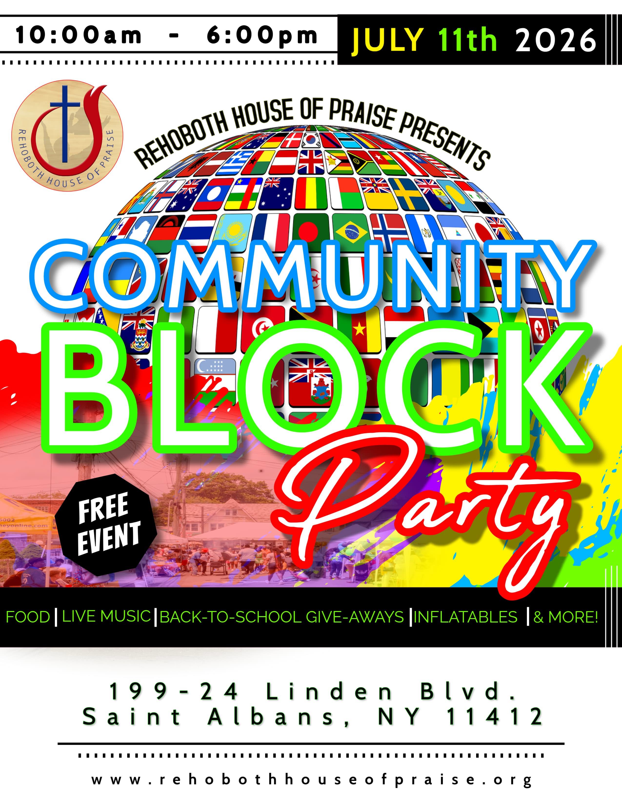 Community Block Party — July 11, 2026, 10AM–6PM, 199-24 Linden Blvd, Saint Albans NY